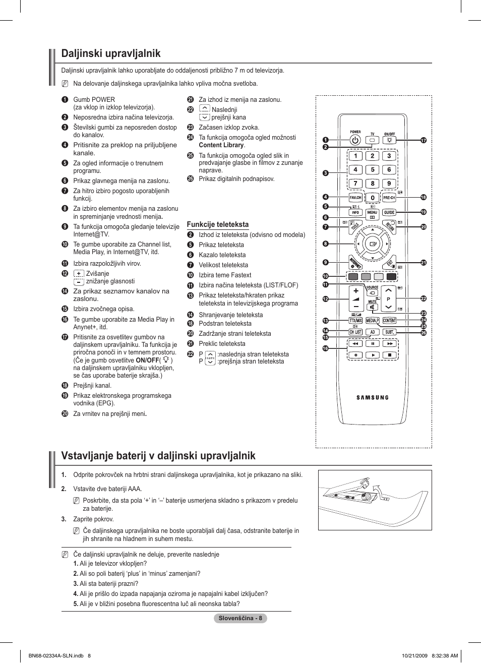 Daljinski upravljalnik, Vstavljanje baterij v daljinski upravljalnik | Samsung PS58B850Y1P User Manual | Page 517 / 655