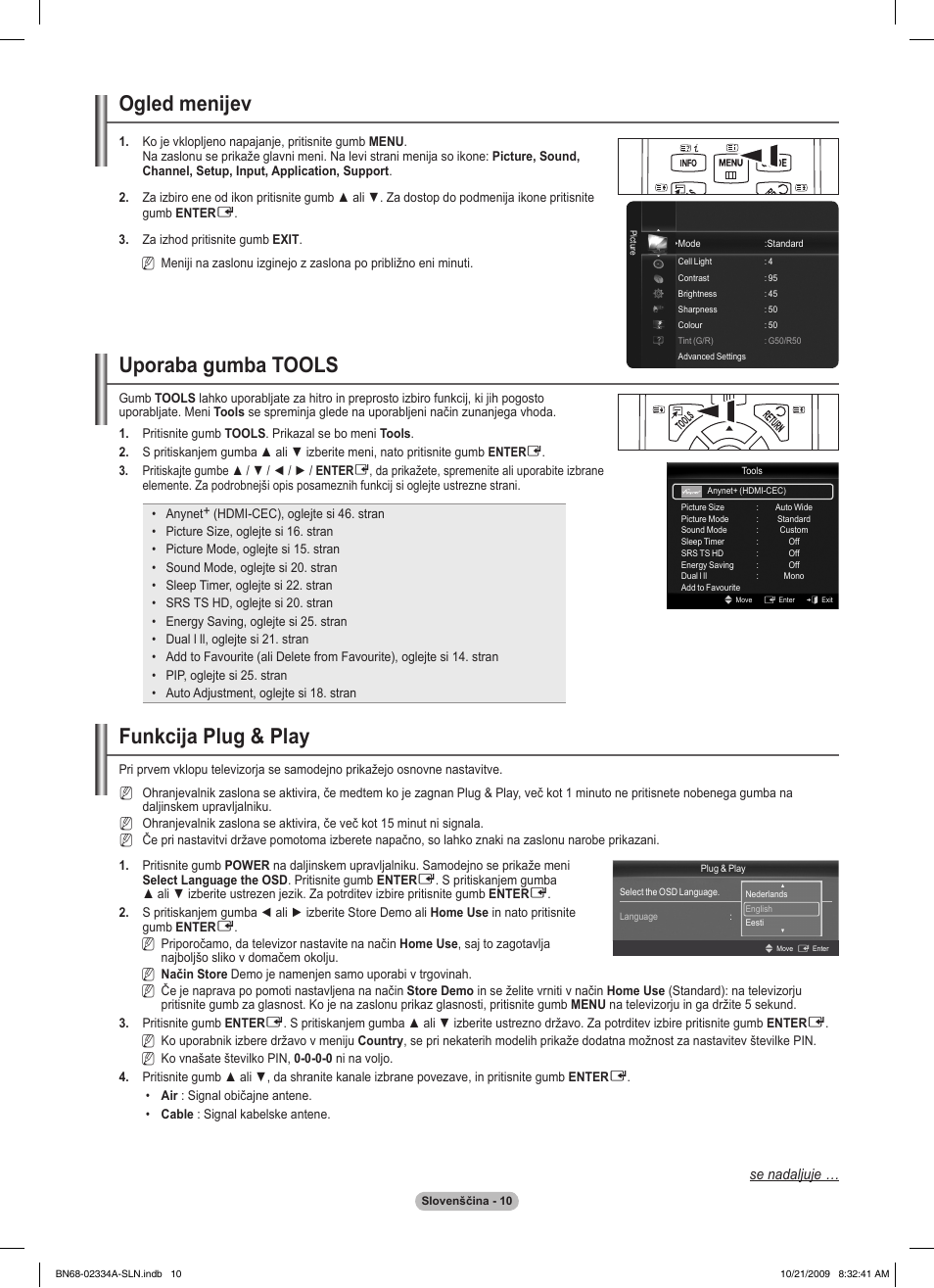 Ogled menijev, Uporaba gumba tools, Funkcija plug & play | Samsung PS58B850Y1P User Manual | Page 519 / 655