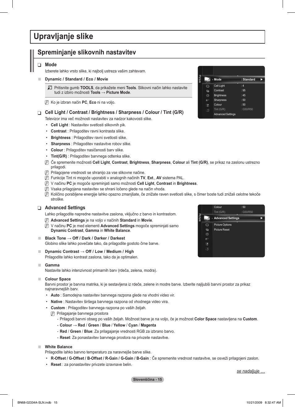 Upravljanje slike, Spreminjanje slikovnih nastavitev | Samsung PS58B850Y1P User Manual | Page 524 / 655