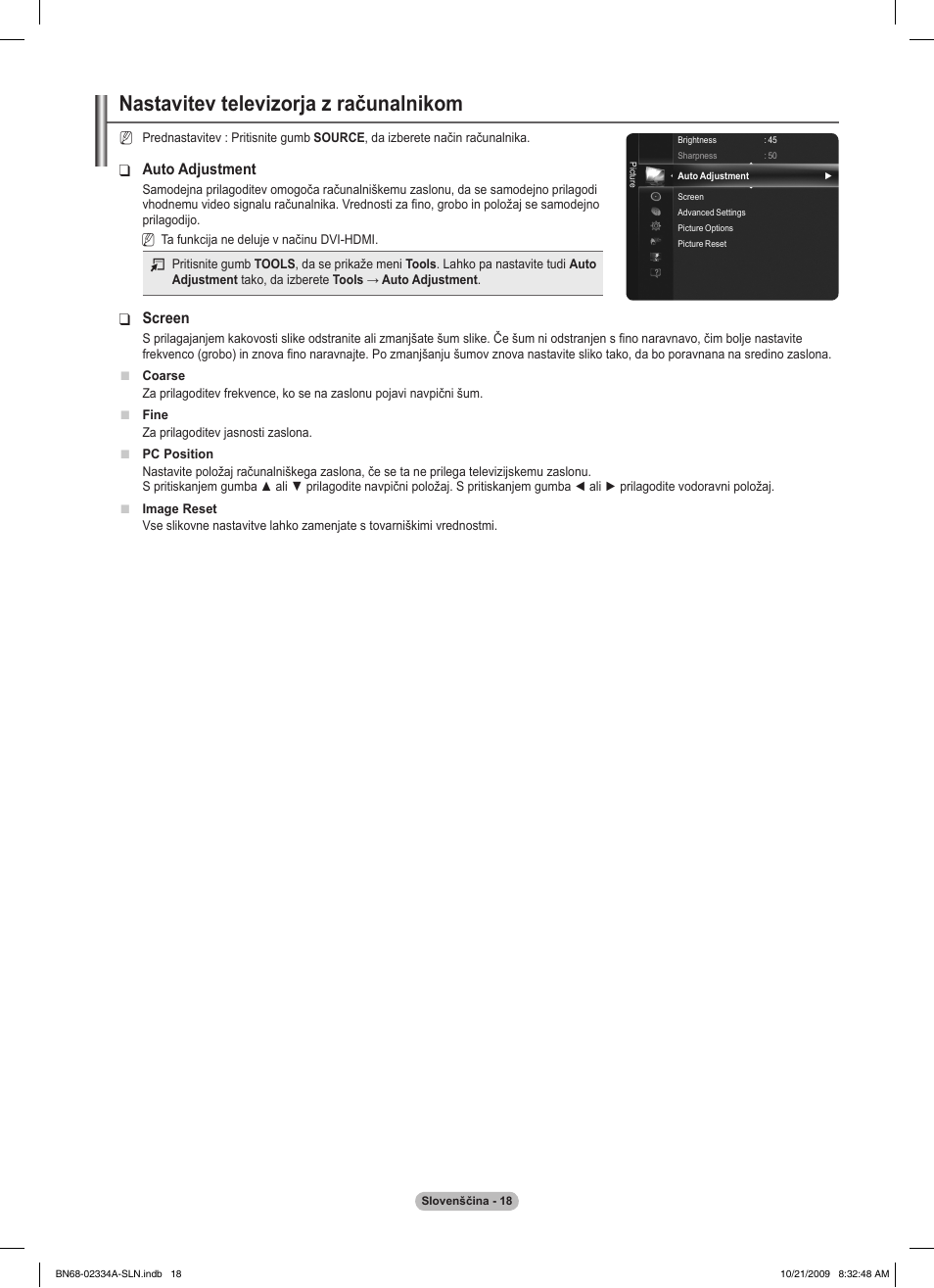 Nastavitev televizorja z računalnikom, Auto adjustment, Screen | Samsung PS58B850Y1P User Manual | Page 527 / 655