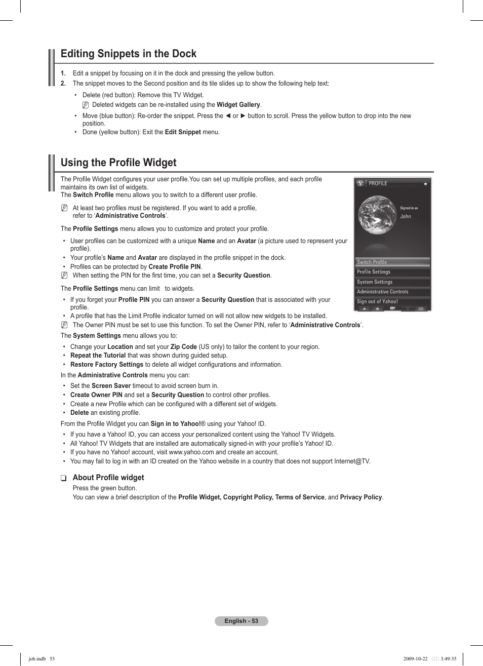 Editing snippets in the dock, Using the profile widget | Samsung PS58B850Y1P User Manual | Page 53 / 655