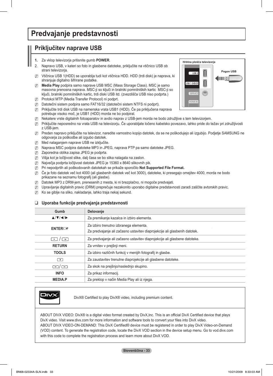 Predvajanje predstavnosti, Priključitev naprave usb, Uporaba funkcije predvajanja predstavnosti | Samsung PS58B850Y1P User Manual | Page 542 / 655