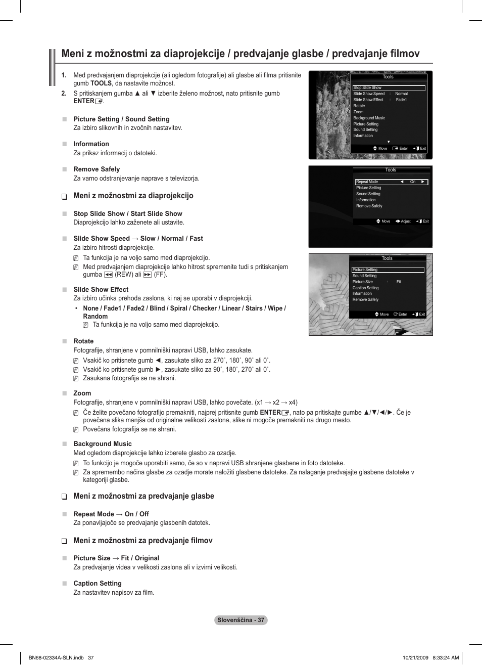 Meni z možnostmi za diaprojekcijo, Meni z možnostmi za predvajanje glasbe, Meni z možnostmi za predvajanje filmov | Samsung PS58B850Y1P User Manual | Page 546 / 655