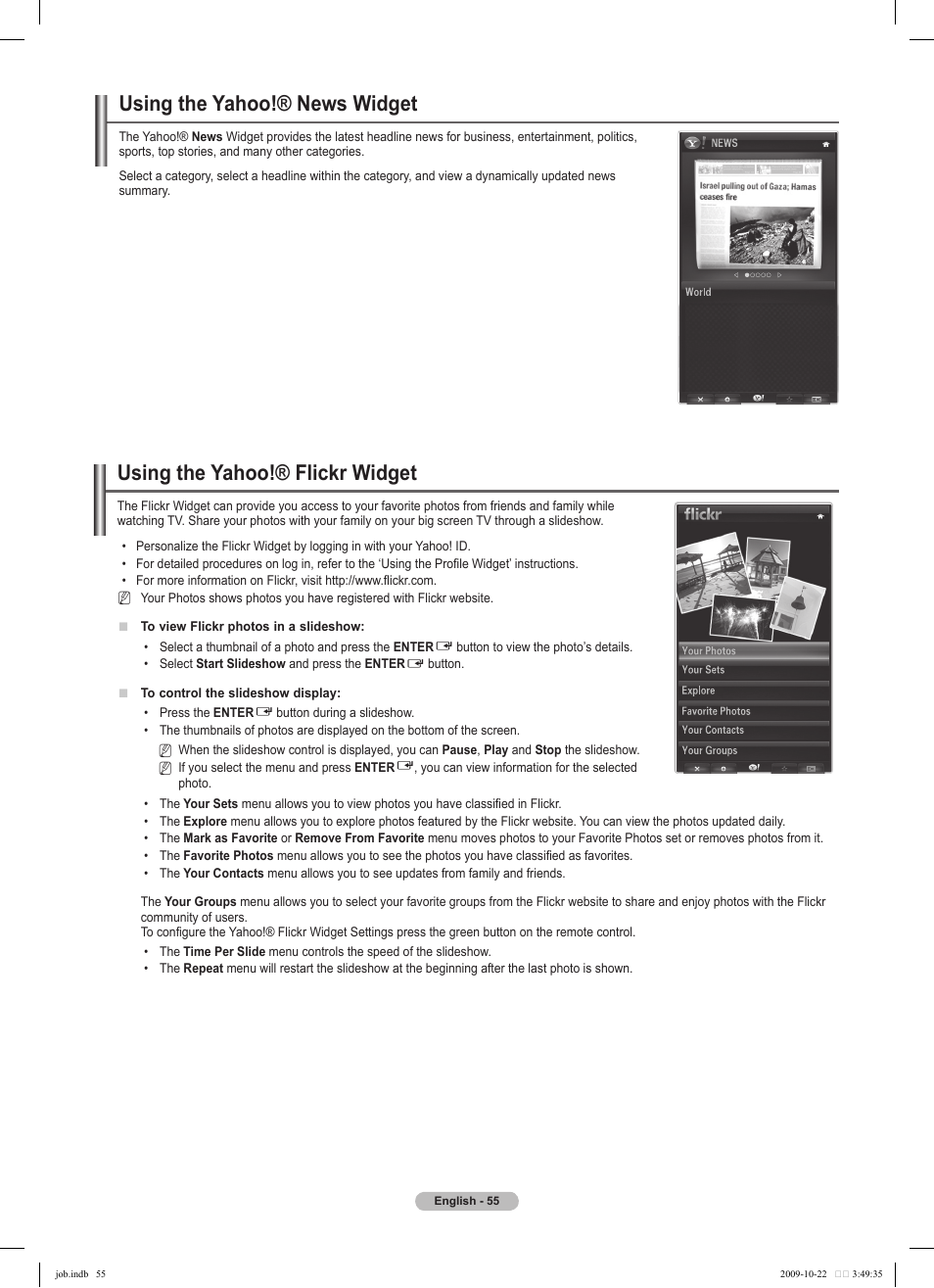 Using the yahoo!® news widget, Using the yahoo!® flickr widget | Samsung PS58B850Y1P User Manual | Page 55 / 655