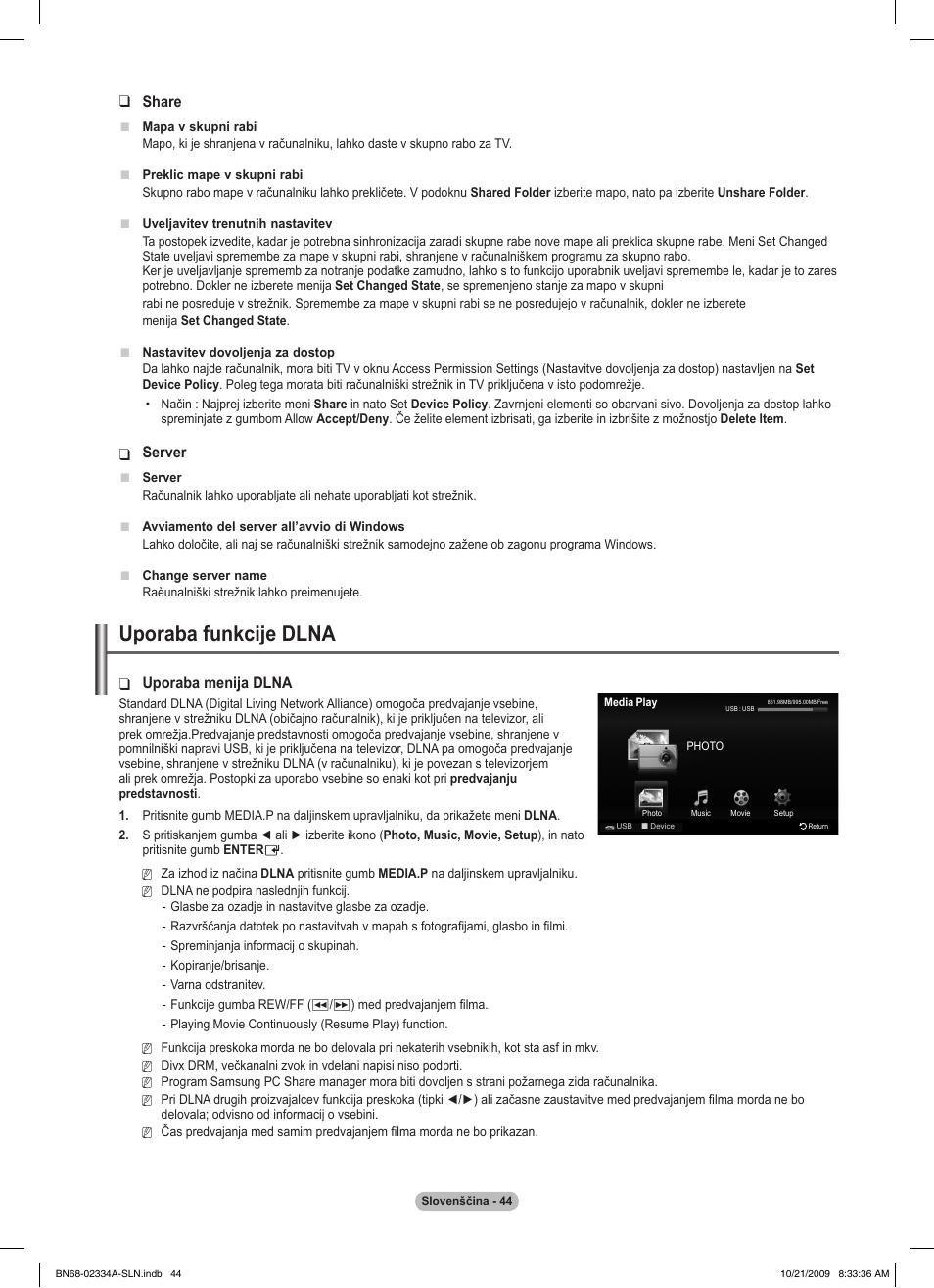 Uporaba funkcije dlna, Share, Server | Uporaba menija dlna | Samsung PS58B850Y1P User Manual | Page 553 / 655