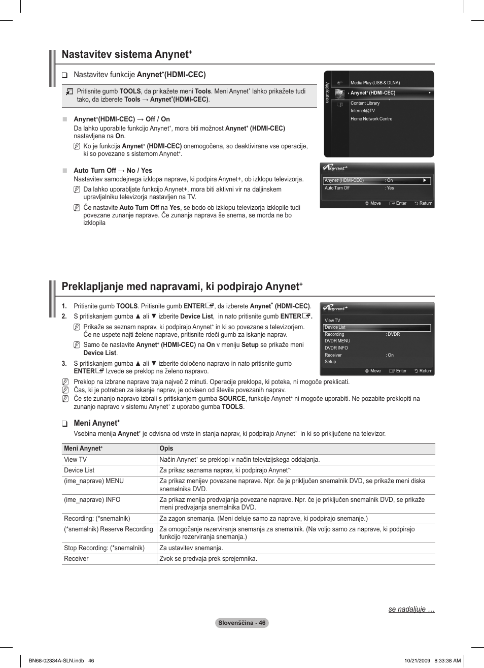 Nastavitev sistema anynet, Preklapljanje med napravami, ki podpirajo anynet, Nastavitev funkcije ❑ anynet | Hdmi-cec), Meni anynet | Samsung PS58B850Y1P User Manual | Page 555 / 655
