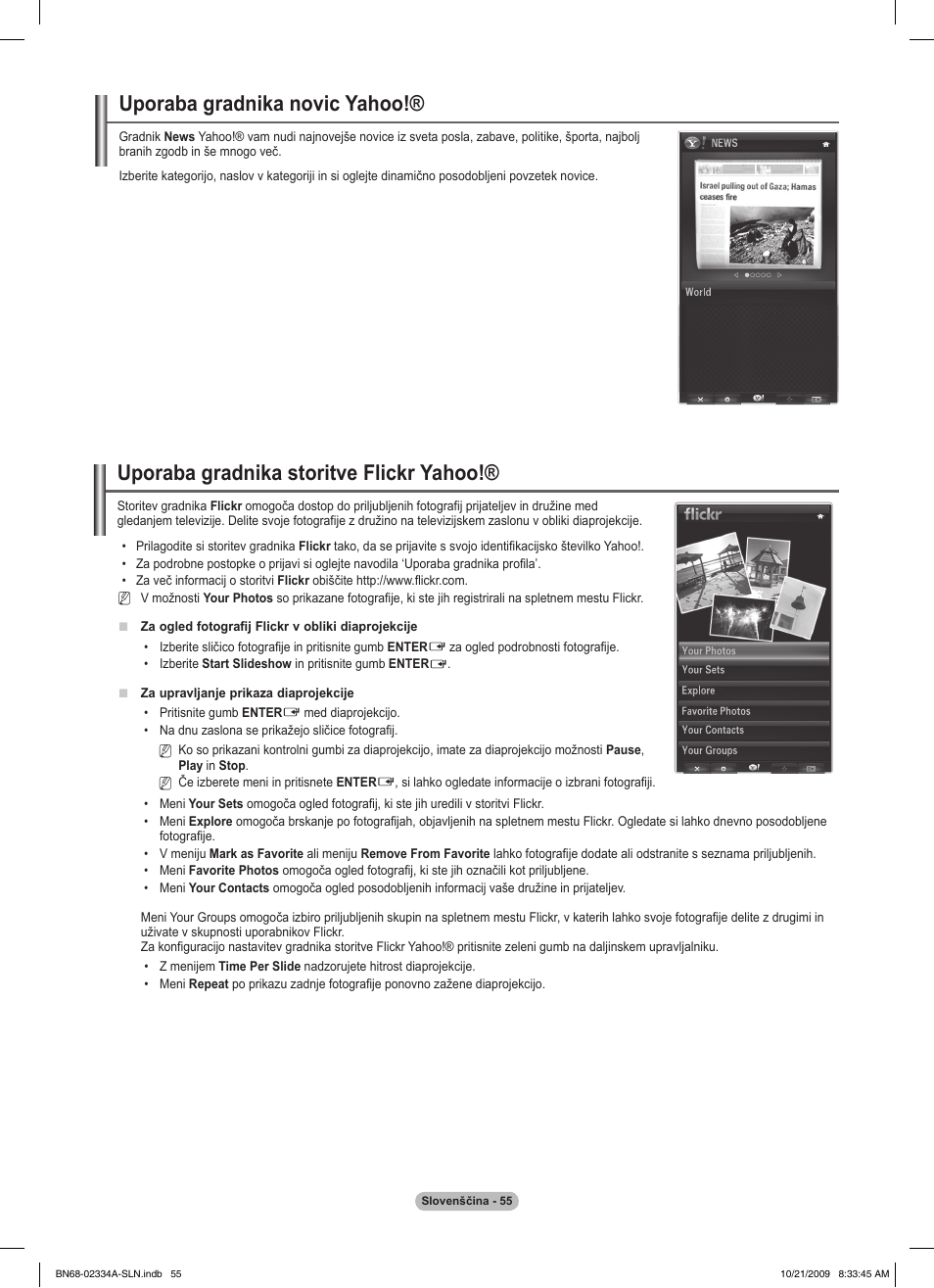 Uporaba gradnika novic yahoo, Uporaba gradnika storitve flickr yahoo | Samsung PS58B850Y1P User Manual | Page 564 / 655