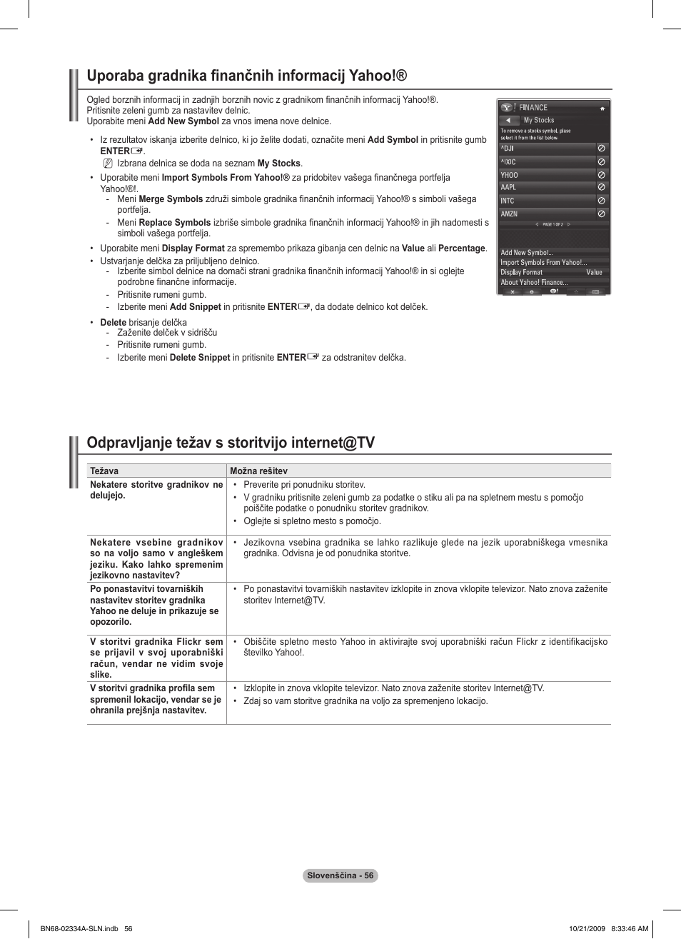 Uporaba gradnika finančnih informacij yahoo, Odpravljanje težav s storitvijo internet@tv | Samsung PS58B850Y1P User Manual | Page 565 / 655
