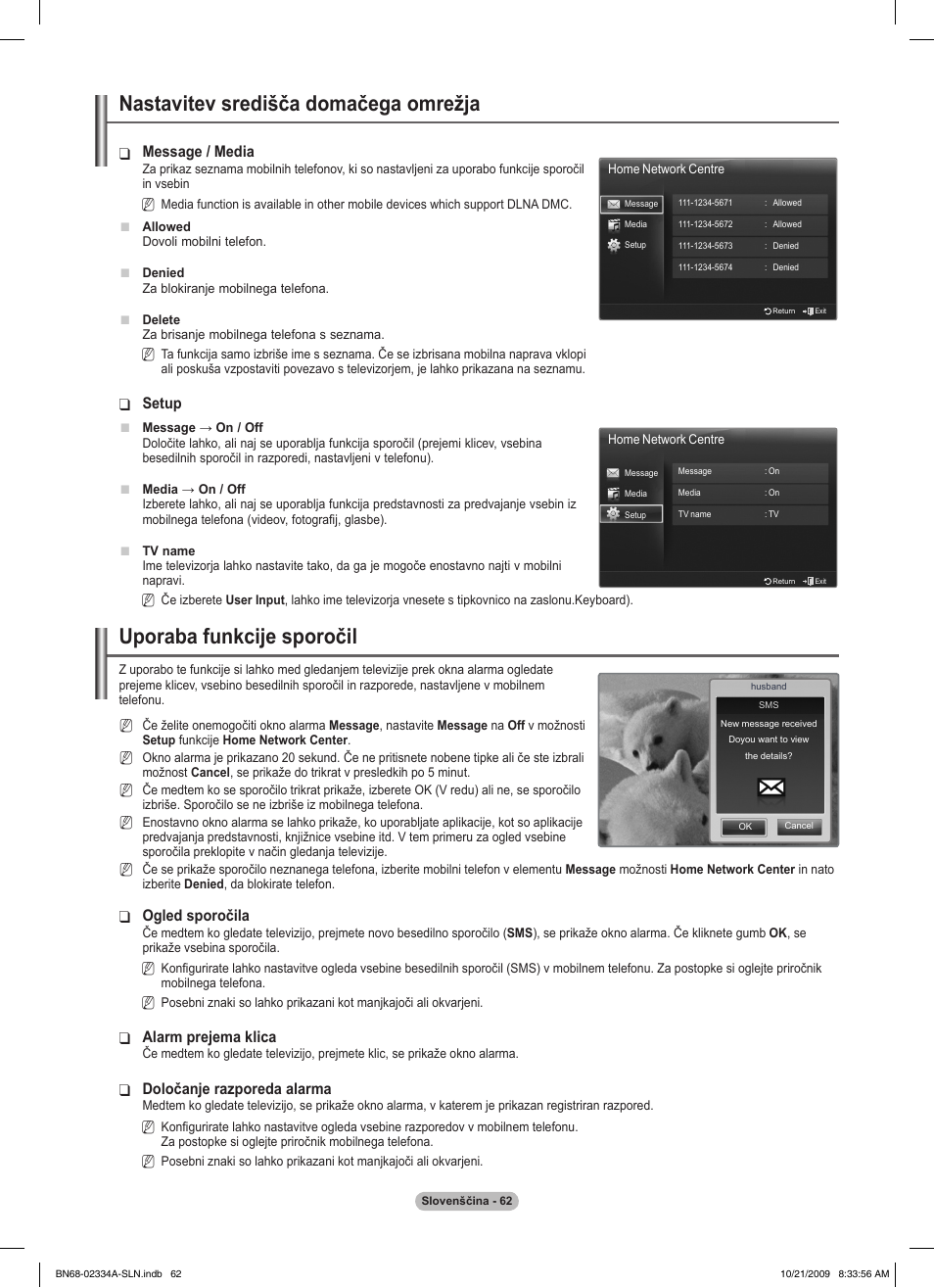 Nastavitev središča domačega omrežja, Uporaba funkcije sporočil, Message / media | Setup, Ogled sporočila, Alarm prejema klica, Določanje razporeda alarma | Samsung PS58B850Y1P User Manual | Page 571 / 655