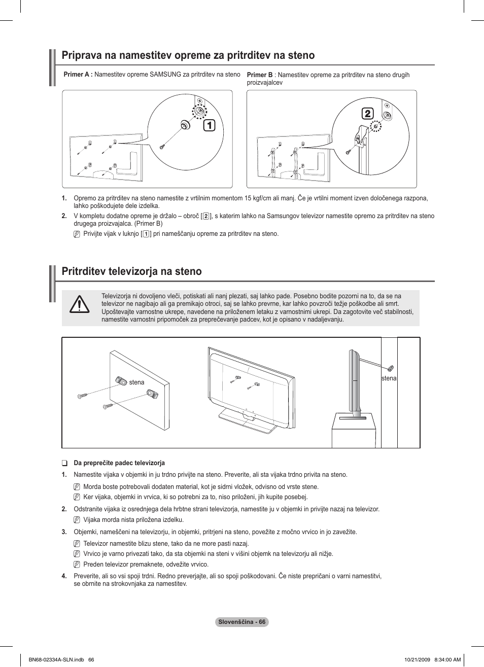 경고 주의 경고 주의, Pritrditev televizorja na steno | Samsung PS58B850Y1P User Manual | Page 575 / 655