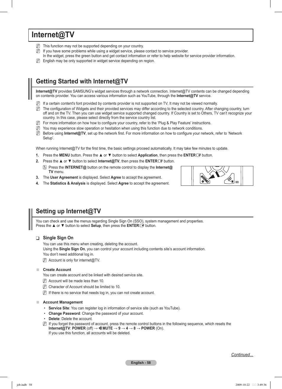 Internet@tv, Getting started with internet@tv, Setting up internet@tv | Samsung PS58B850Y1P User Manual | Page 58 / 655