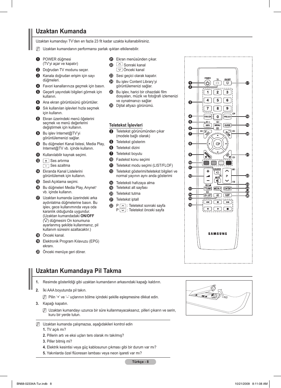 Uzaktan kumanda, Uzaktan kumandaya pil takma | Samsung PS58B850Y1P User Manual | Page 588 / 655