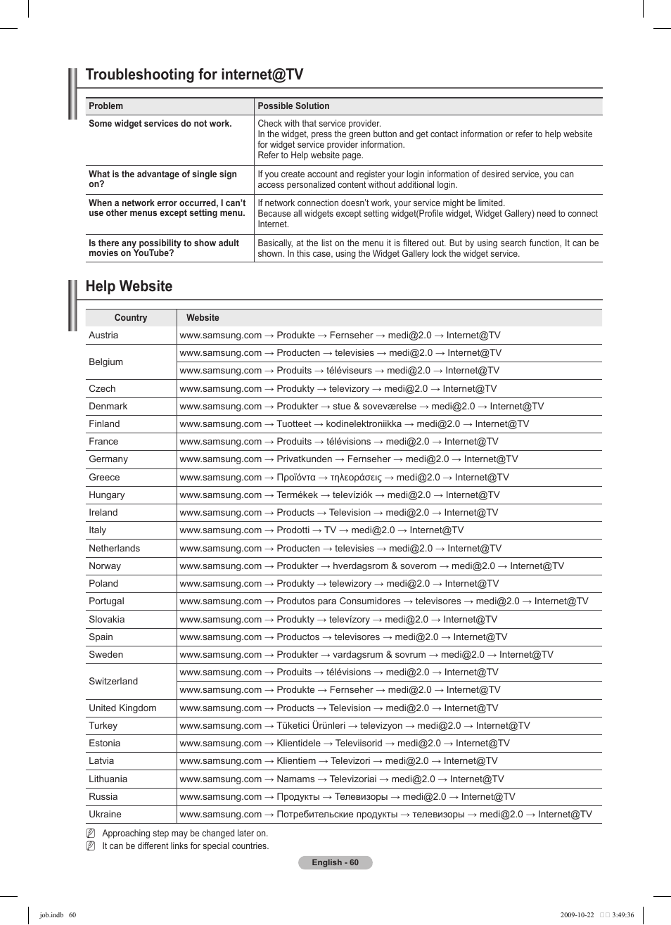 Troubleshooting for internet@tv, Help website | Samsung PS58B850Y1P User Manual | Page 60 / 655