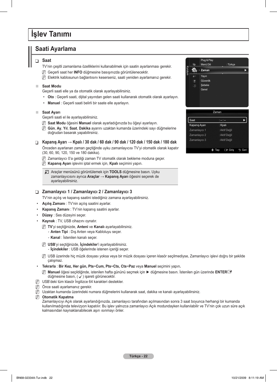 Işlev tanımı, Saati ayarlama | Samsung PS58B850Y1P User Manual | Page 602 / 655