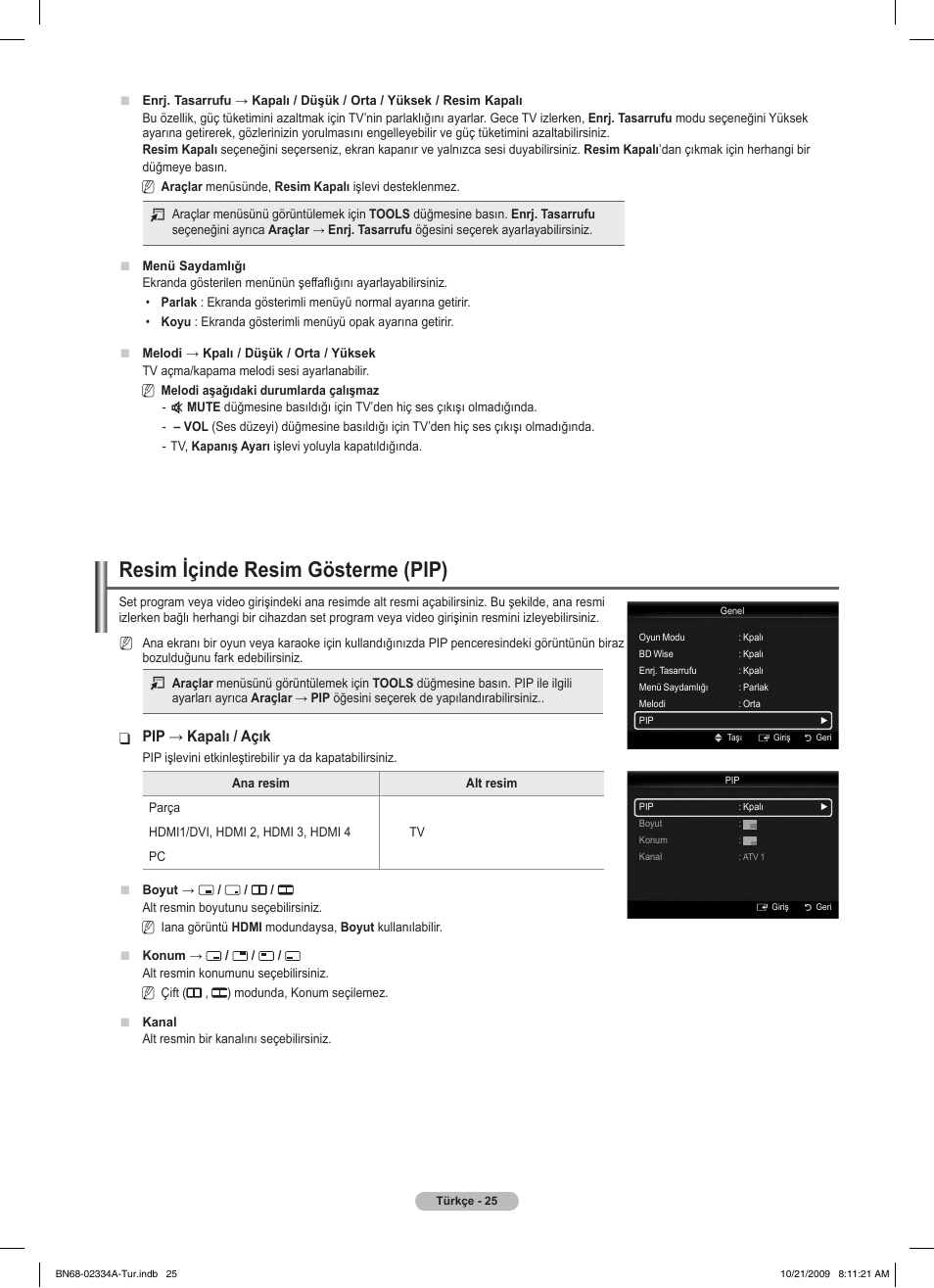 Resim içinde resim gösterme (pip), Pip → kapalı / açık | Samsung PS58B850Y1P User Manual | Page 605 / 655