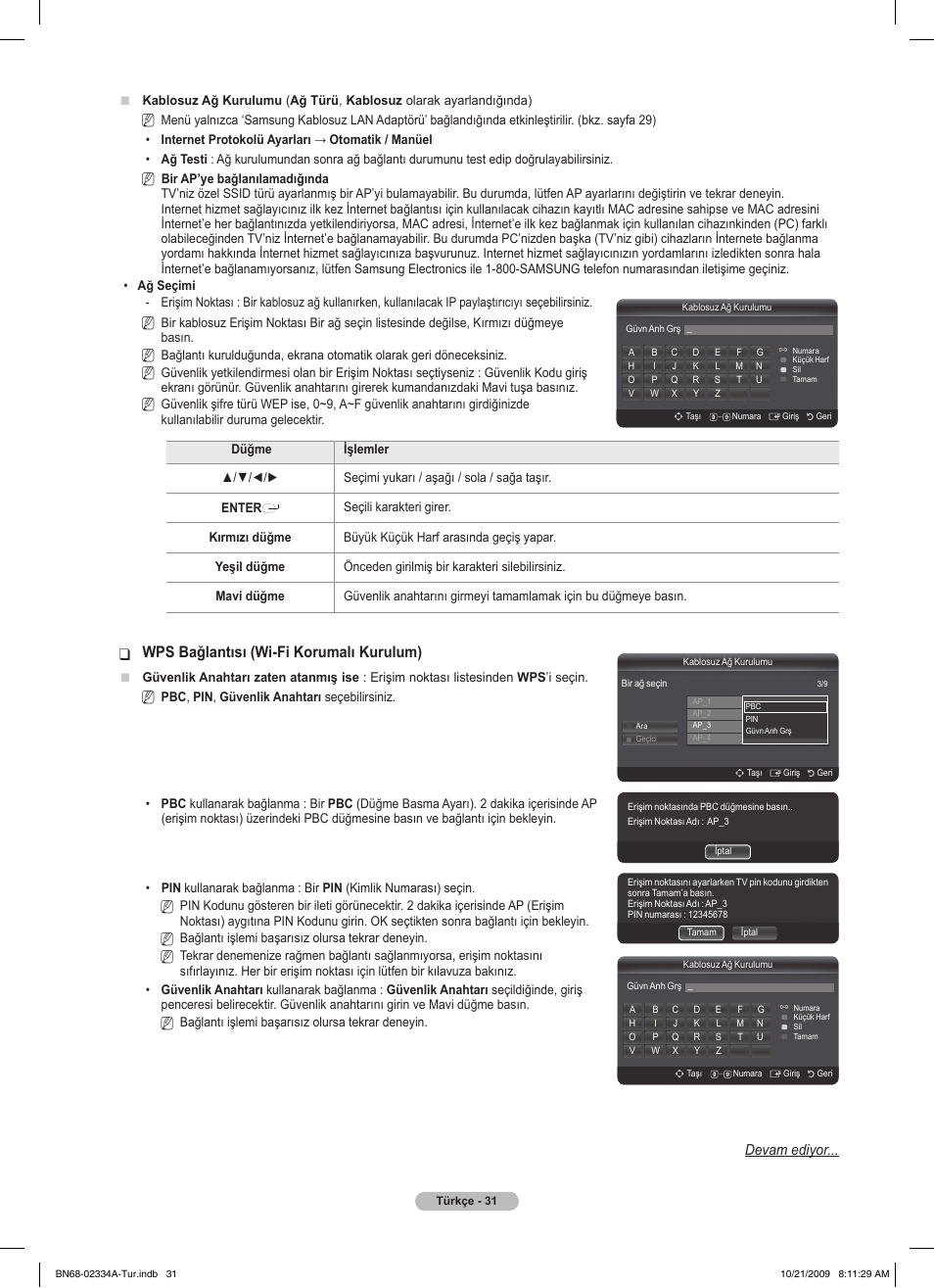 Wps bağlantısı (wi-fi korumalı kurulum), Devam ediyor | Samsung PS58B850Y1P User Manual | Page 611 / 655