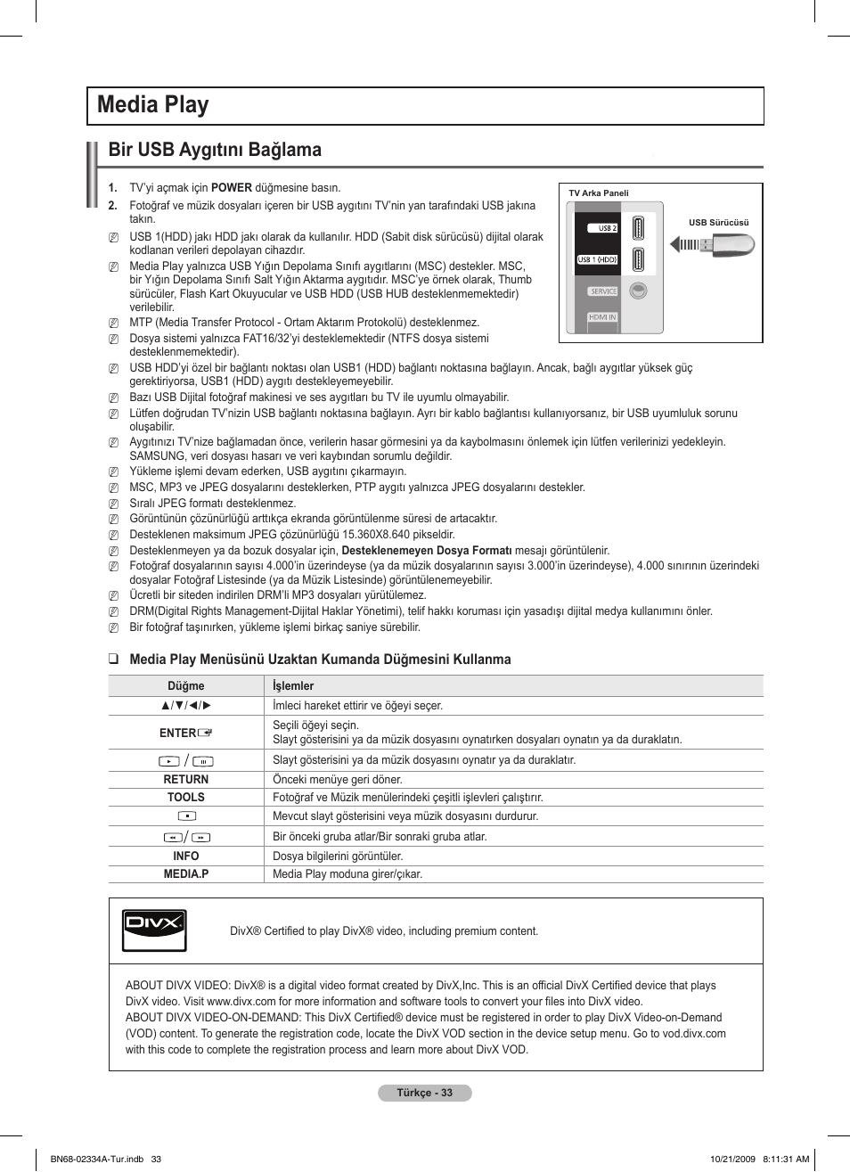Media play, Bir usb aygıtını bağlama | Samsung PS58B850Y1P User Manual | Page 613 / 655