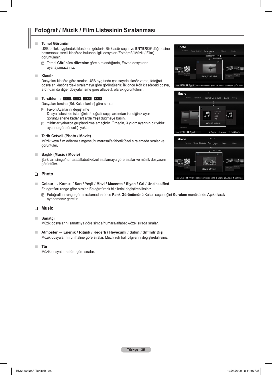 Fotoğraf / müzik / film listesinin sıralanması, Photo, Music | Temel görünüm, Sanatçı, Müzik dosyalarını türe göre sıralar | Samsung PS58B850Y1P User Manual | Page 615 / 655