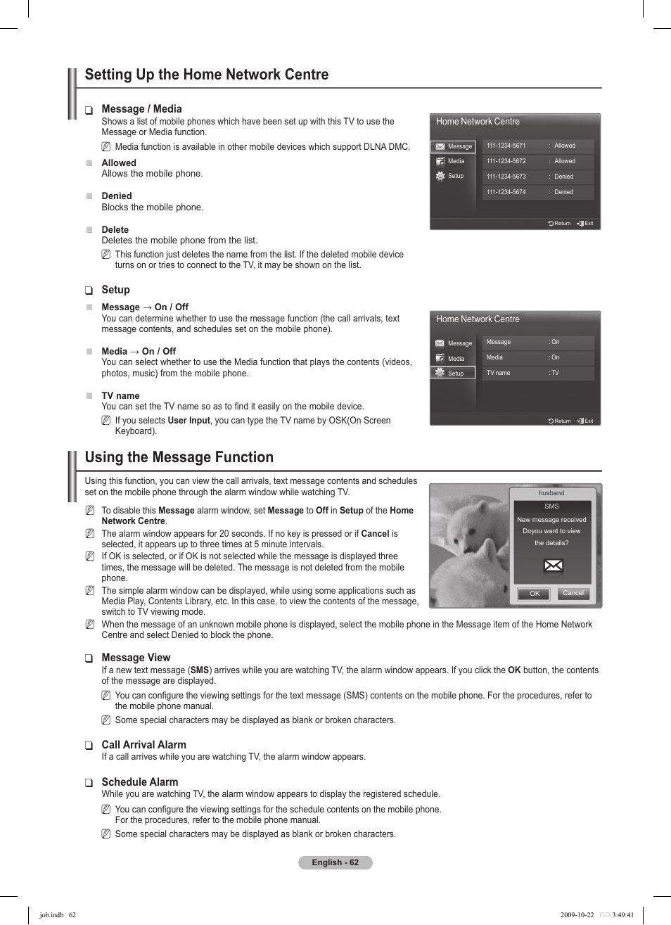 Setting up the home network centre, Using the message function, Message / media | Setup, Message view, Call arrival alarm, Schedule alarm | Samsung PS58B850Y1P User Manual | Page 62 / 655