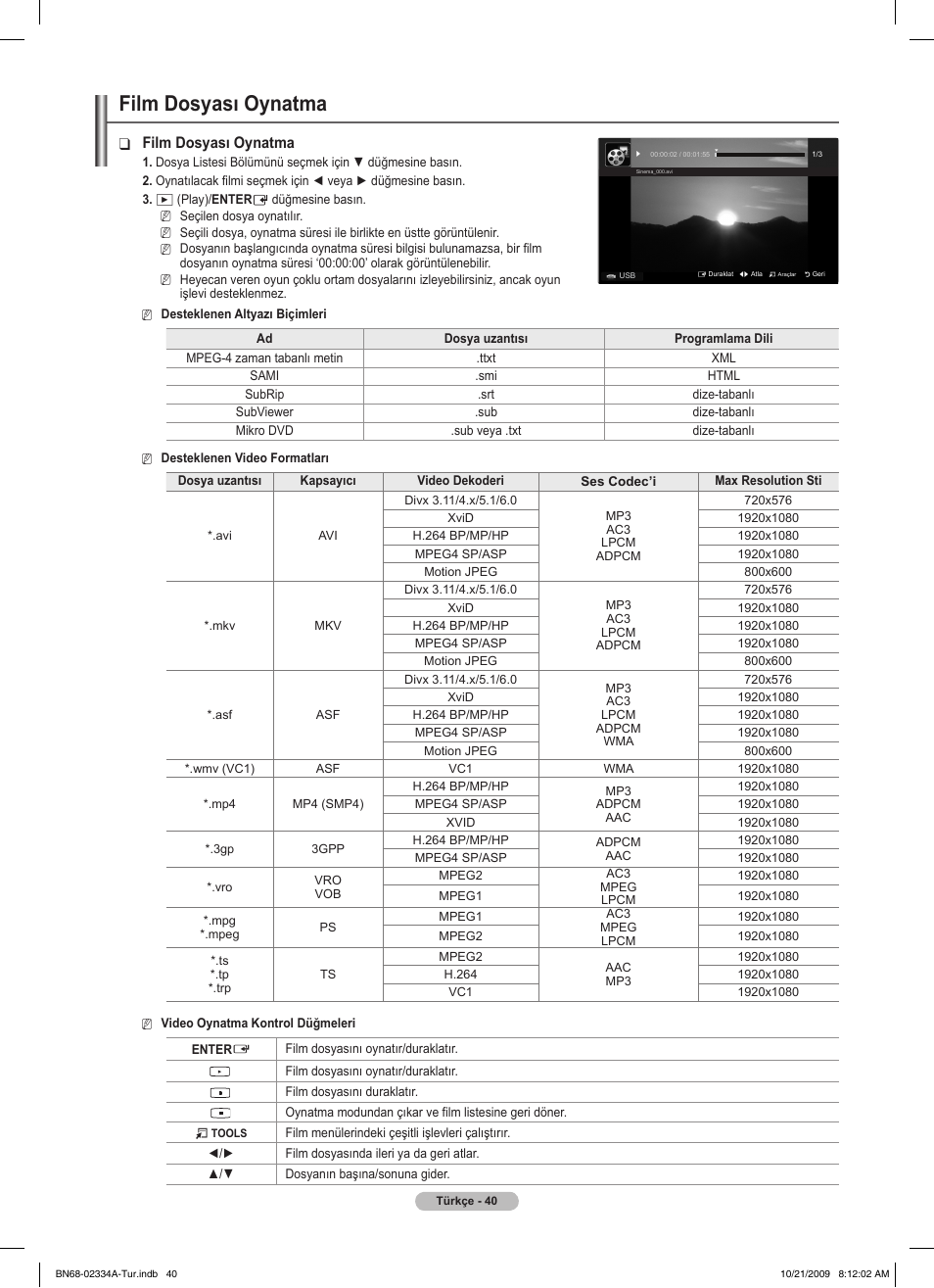 Film dosyası oynatma | Samsung PS58B850Y1P User Manual | Page 620 / 655