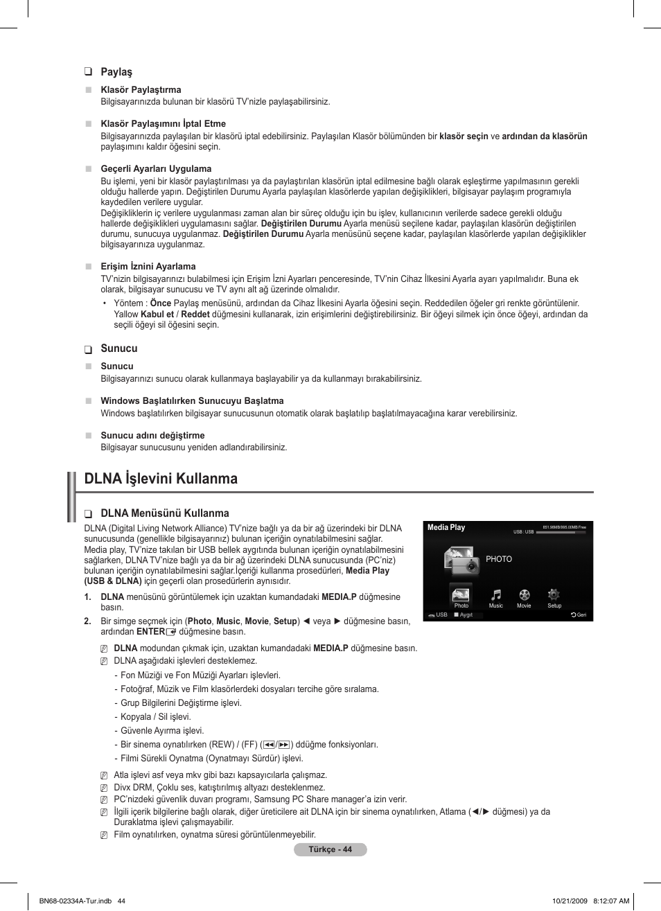 Dlna işlevini kullanma, Paylaş, Sunucu | Dlna menüsünü kullanma | Samsung PS58B850Y1P User Manual | Page 624 / 655