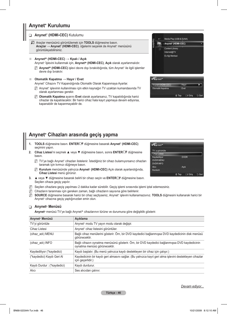 Anynet, Kurulumu, Cihazları arasında geçiş yapma | Hdmi-cec) kutulumu, Menüsü | Samsung PS58B850Y1P User Manual | Page 626 / 655