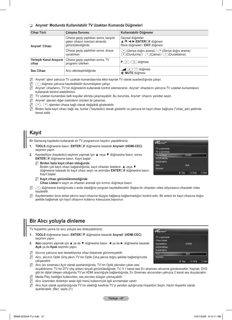 Kayıt, Bir alıcı yoluyla dinleme, Anynet | Samsung PS58B850Y1P User Manual | Page 627 / 655