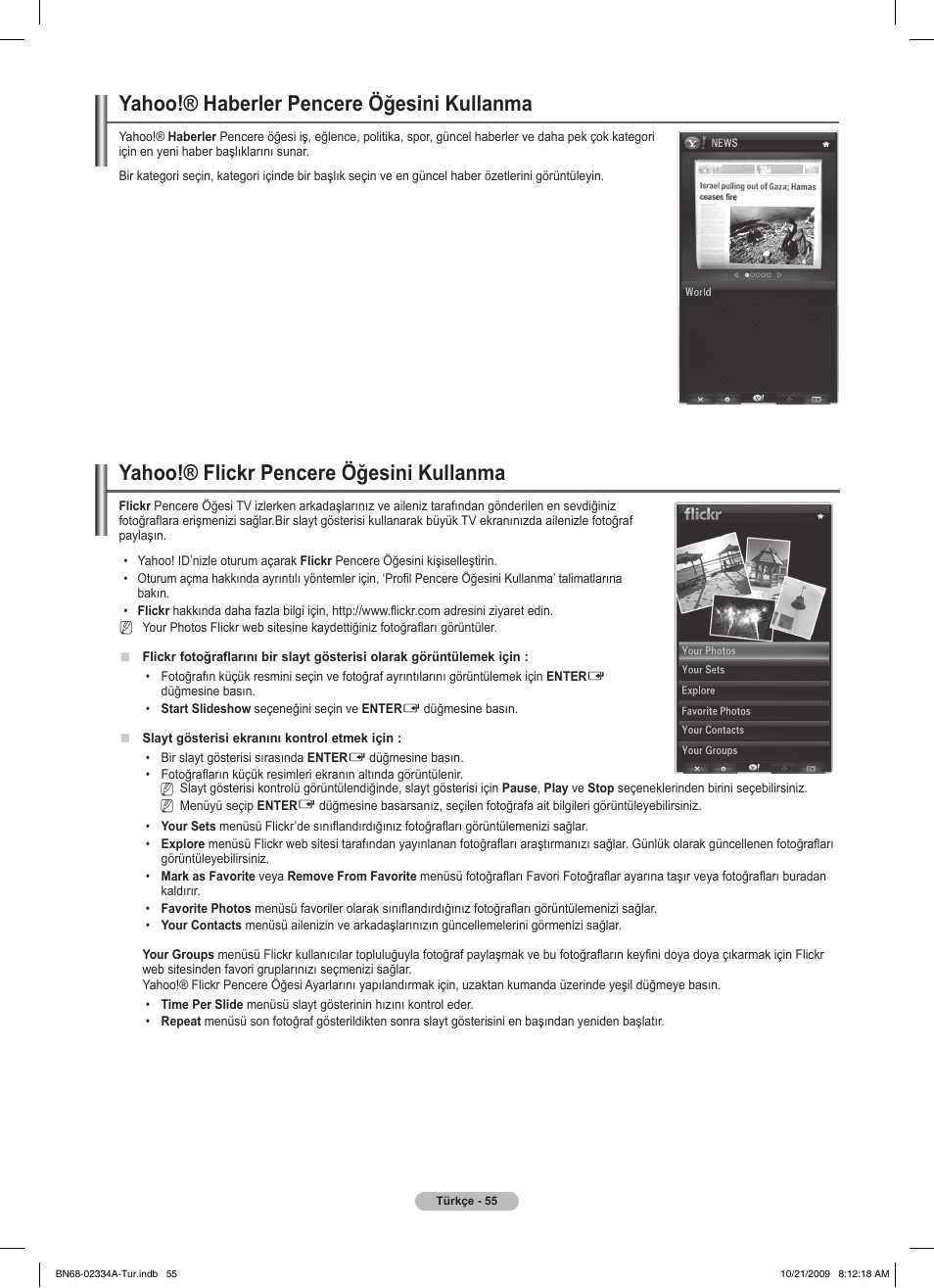 Yahoo!® haberler pencere öğesini kullanma, Yahoo!® flickr pencere öğesini kullanma | Samsung PS58B850Y1P User Manual | Page 635 / 655