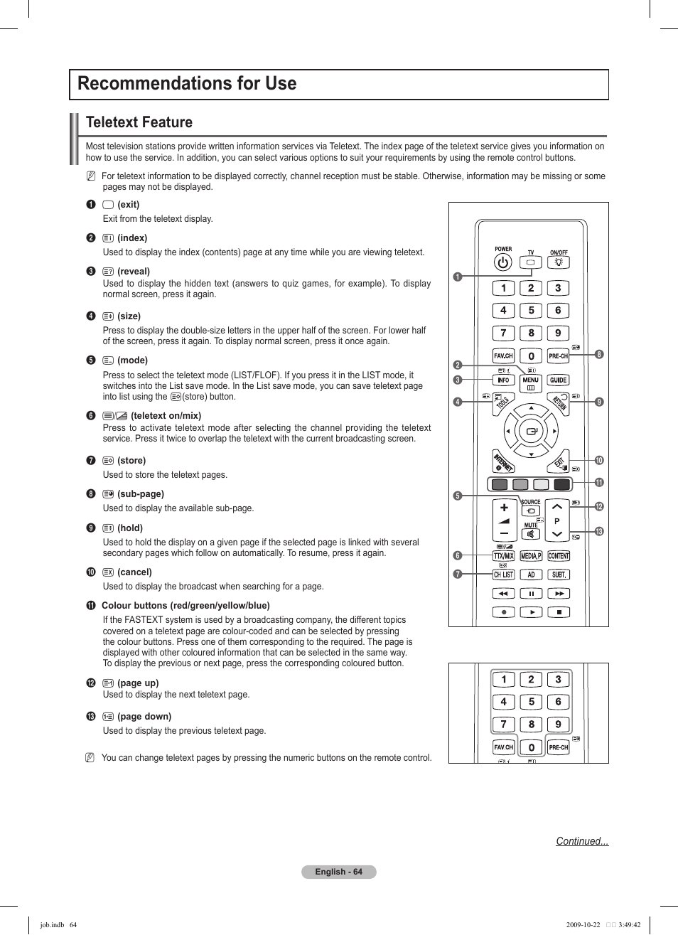 Recommendations for use, Teletext feature | Samsung PS58B850Y1P User Manual | Page 64 / 655