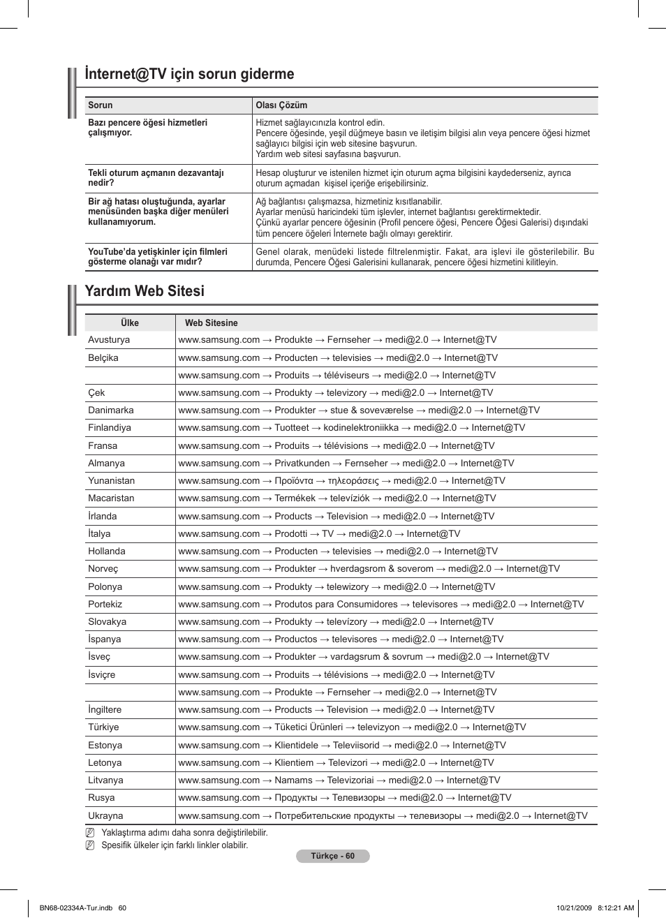 Internet@tv için sorun giderme, Yardım web sitesi | Samsung PS58B850Y1P User Manual | Page 640 / 655