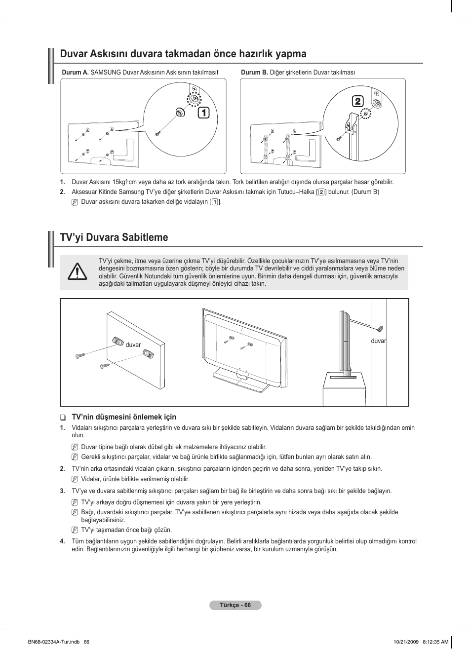 경고 주의 경고 주의, Duvar askısını duvara takmadan önce hazırlık yapma, Tv’yi duvara sabitleme | Samsung PS58B850Y1P User Manual | Page 646 / 655