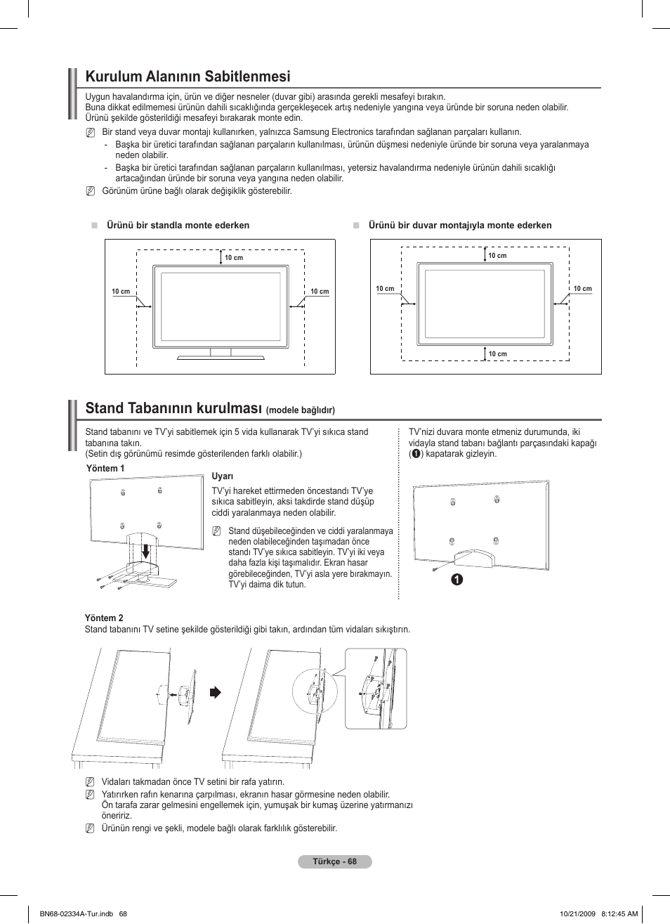 Kurulum alanının sabitlenmesi, Stand tabanının kurulması | Samsung PS58B850Y1P User Manual | Page 648 / 655
