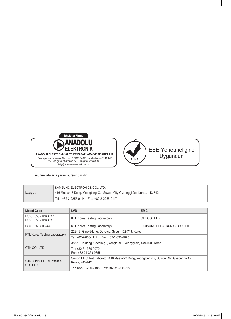 Anadolu, Eee yönetmeliğine uygundur, Elektronik | Samsung PS58B850Y1P User Manual | Page 653 / 655