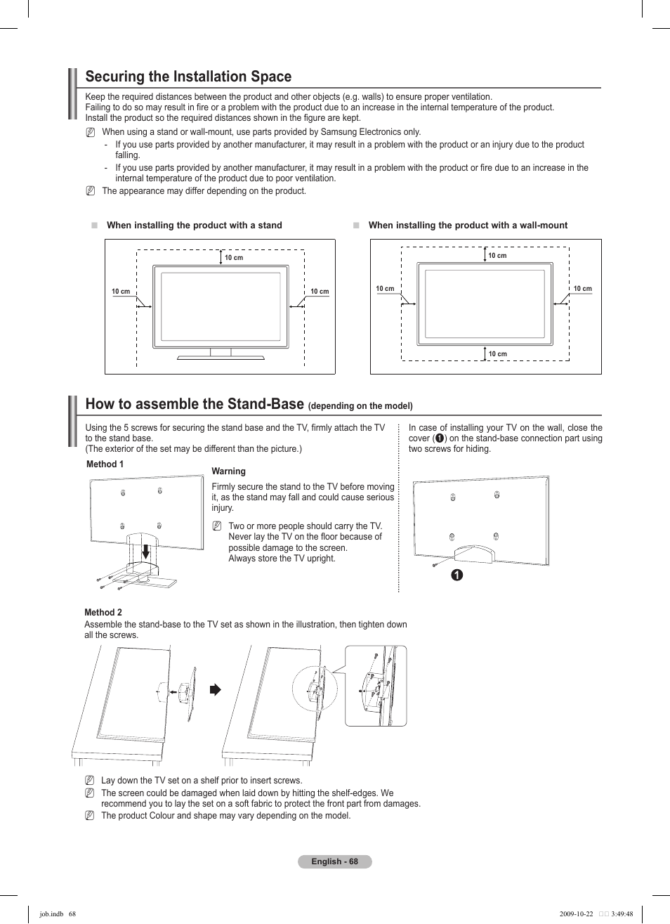 Securing the installation space, How to assemble the stand-base | Samsung PS58B850Y1P User Manual | Page 68 / 655