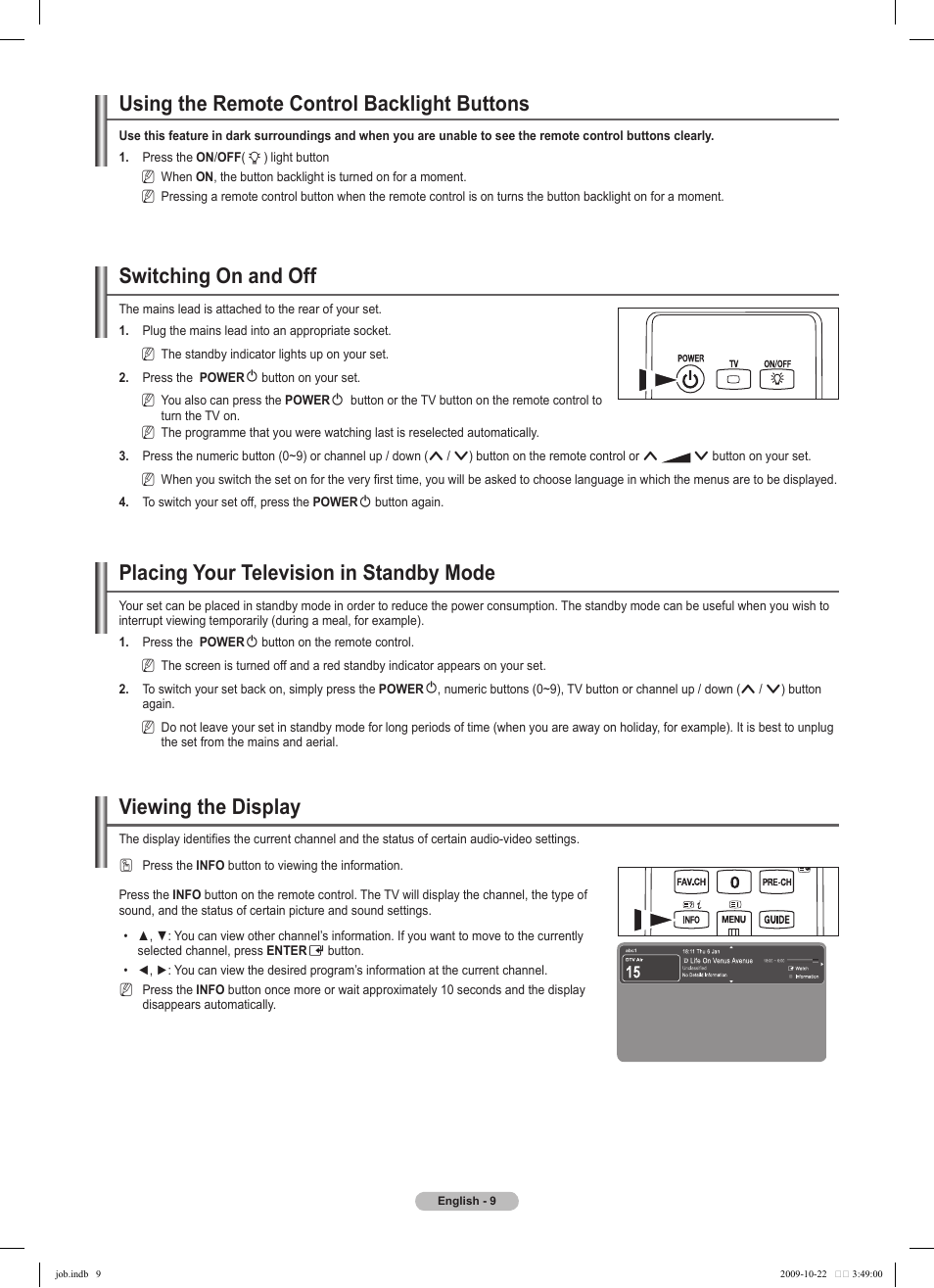 Using the remote control backlight buttons, Switching on and off, Placing your television in standby mode | Viewing the display | Samsung PS58B850Y1P User Manual | Page 9 / 655