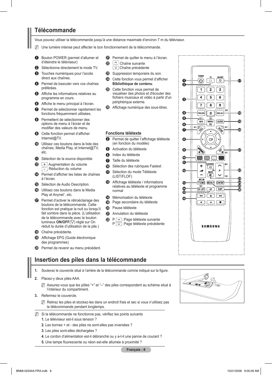 Télécommande, Insertion des piles dans la télécommande | Samsung PS58B850Y1P User Manual | Page 90 / 655