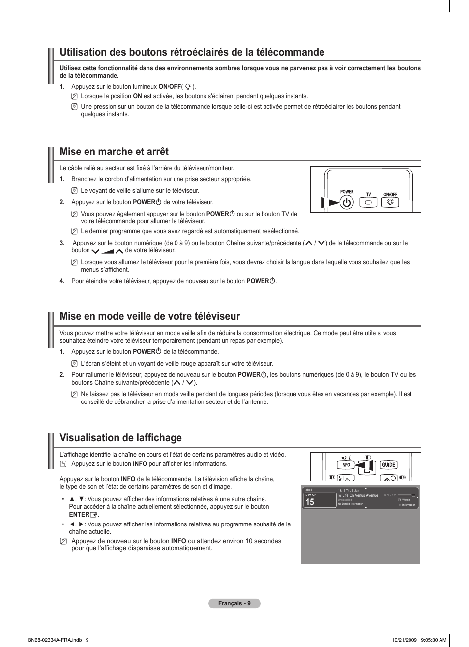 Mise en marche et arrêt, Mise en mode veille de votre téléviseur, Visualisation de laffichage | Samsung PS58B850Y1P User Manual | Page 91 / 655
