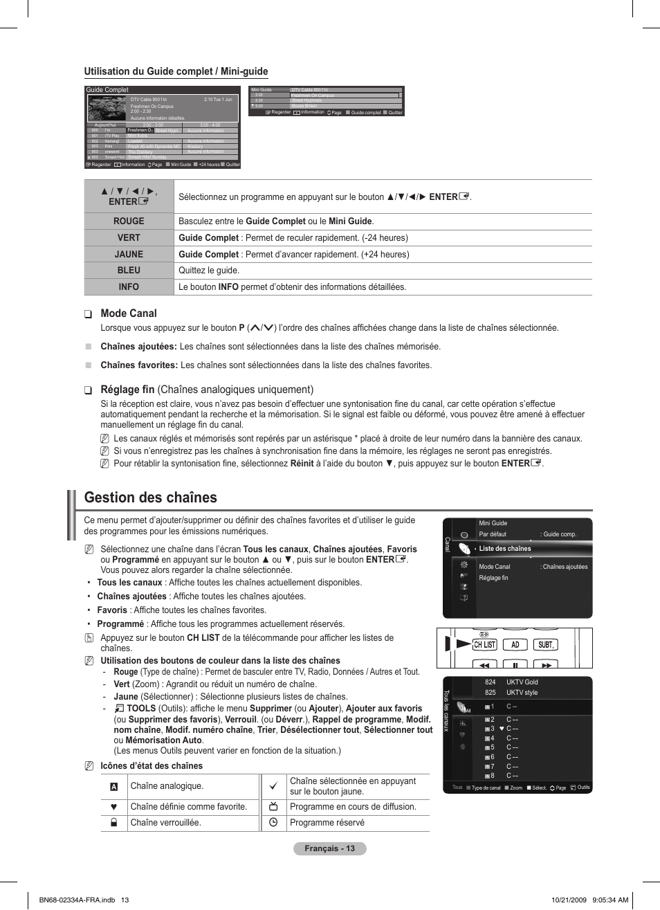 Gestion des chaînes, Mode canal, Réglage fin ❑ (chaînes analogiques uniquement) | Utilisation du guide complet / mini-guide | Samsung PS58B850Y1P User Manual | Page 95 / 655