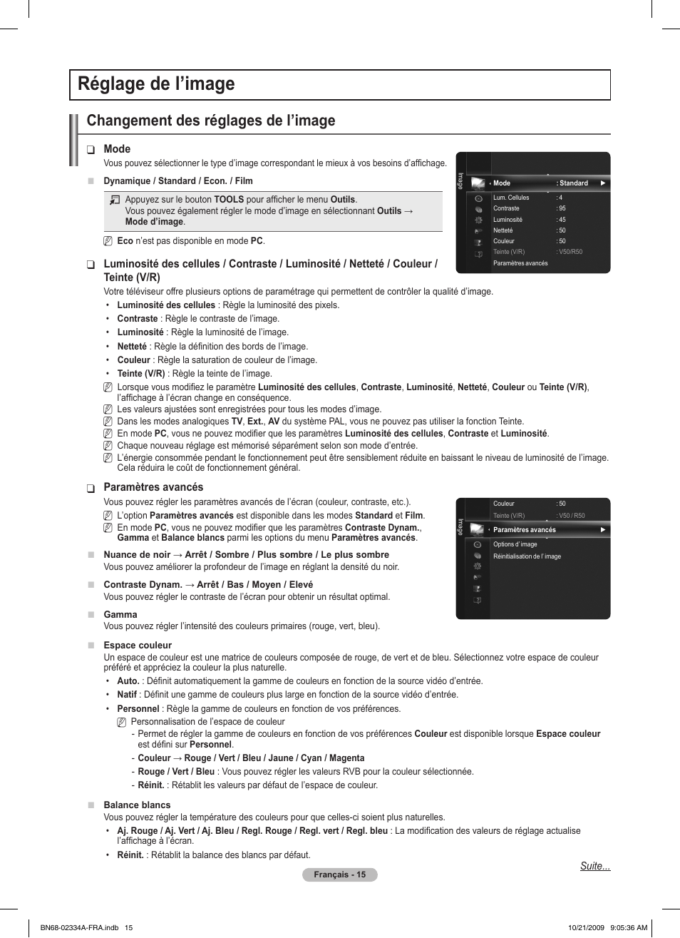 Réglage de l’image, Changement des réglages de l’image | Samsung PS58B850Y1P User Manual | Page 97 / 655