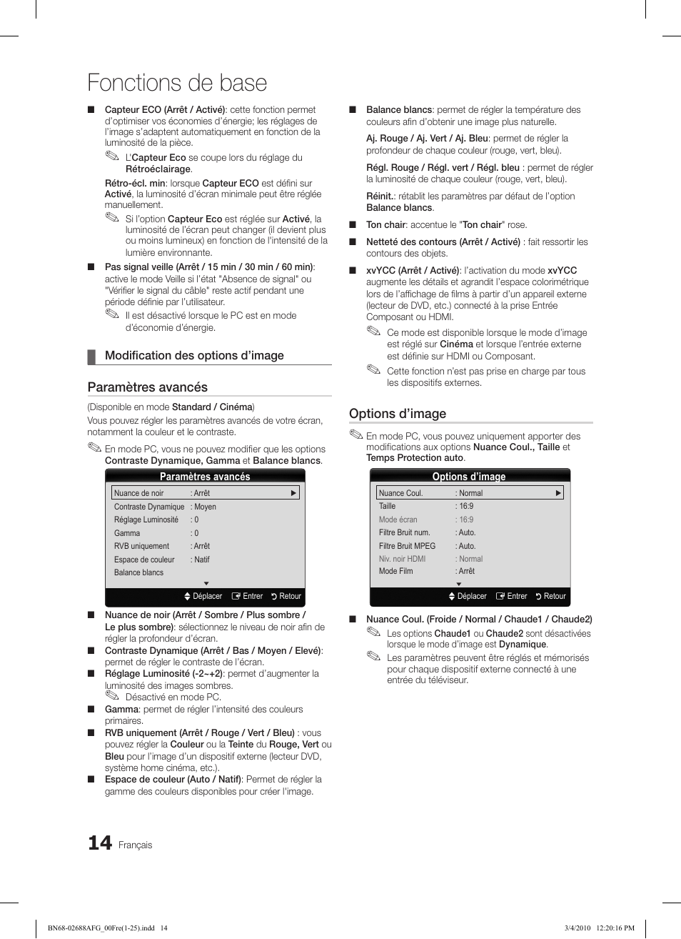 Fonctions de base, Paramètres avancés, Options d’image | Samsung LE37C550J1W User Manual | Page 110 / 194