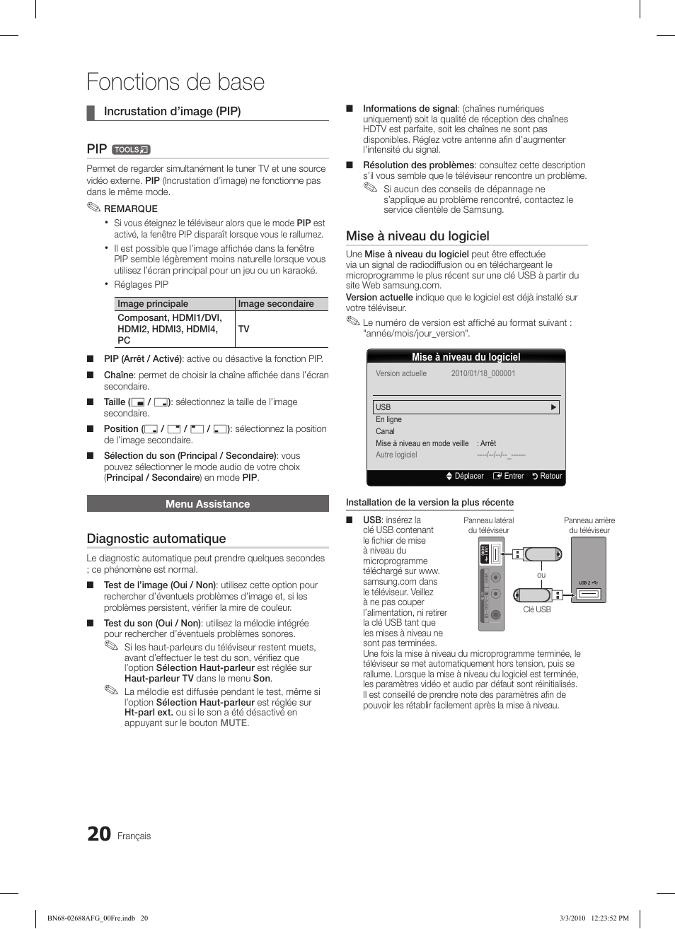 Fonctions de base, Diagnostic automatique, Mise à niveau du logiciel | Samsung LE37C550J1W User Manual | Page 116 / 194