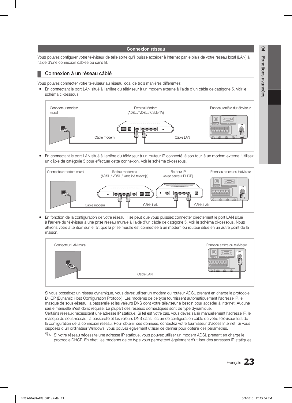 Connexion à un réseau câblé | Samsung LE37C550J1W User Manual | Page 119 / 194