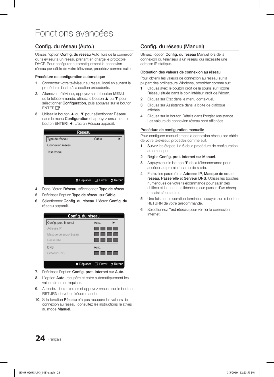 Fonctions avancées, Config. du réseau (auto.), Config. du réseau (manuel) | Samsung LE37C550J1W User Manual | Page 120 / 194