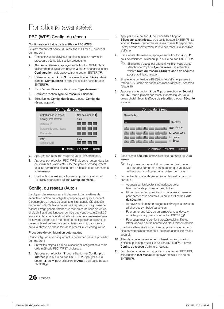 Fonctions avancées, Pbc (wps) config. du réseau, Config. du réseau (auto.) | Samsung LE37C550J1W User Manual | Page 122 / 194