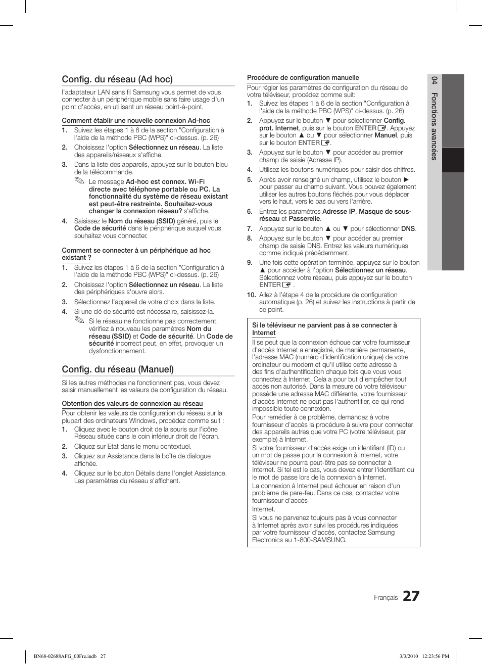 Config. du réseau (ad hoc), Config. du réseau (manuel) | Samsung LE37C550J1W User Manual | Page 123 / 194