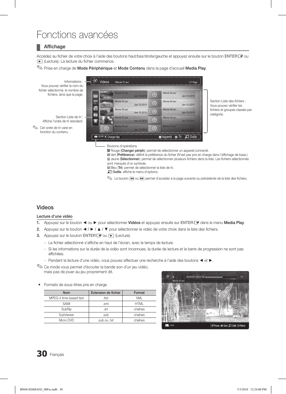 Fonctions avancées, Videos, Affichage | Samsung LE37C550J1W User Manual | Page 126 / 194