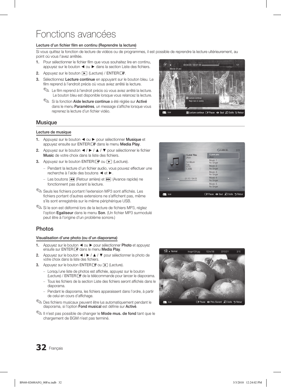 Fonctions avancées, Musique, Photos | Samsung LE37C550J1W User Manual | Page 128 / 194