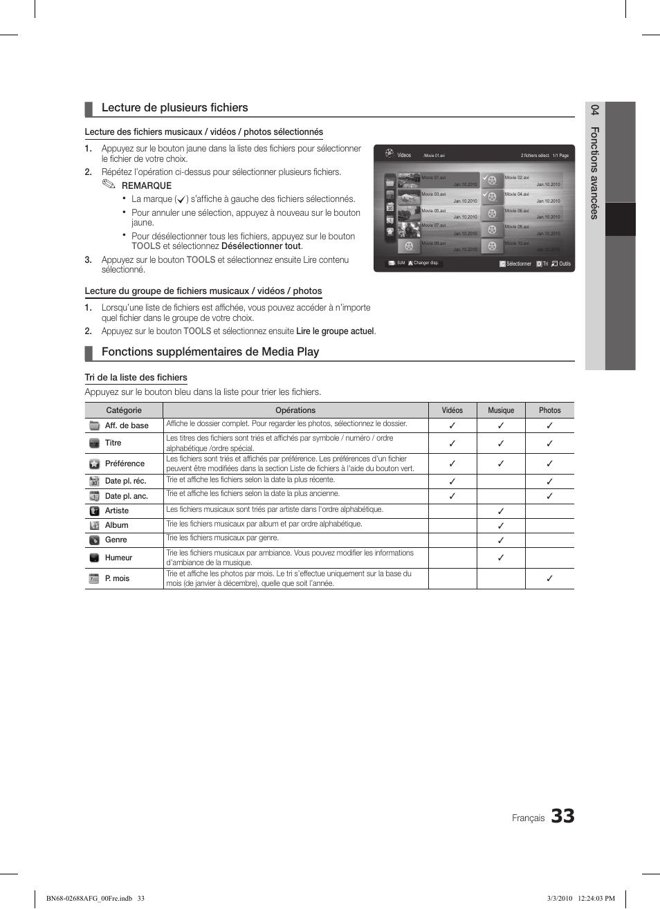 Lecture de plusieurs fichiers, Fonctions supplémentaires de media play, 04 fonctions avancées | Samsung LE37C550J1W User Manual | Page 129 / 194