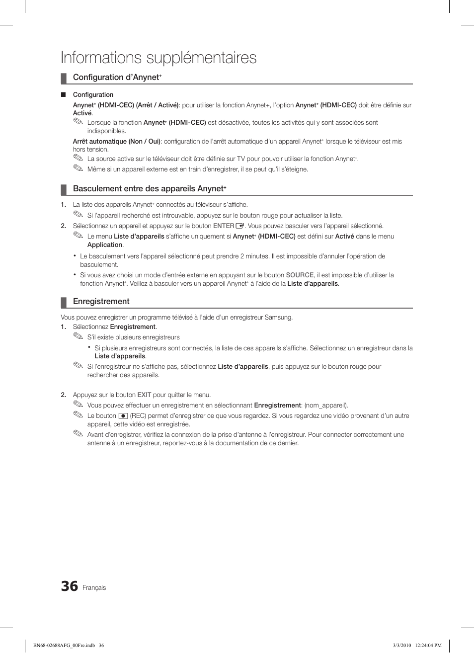 Informations supplémentaires | Samsung LE37C550J1W User Manual | Page 132 / 194