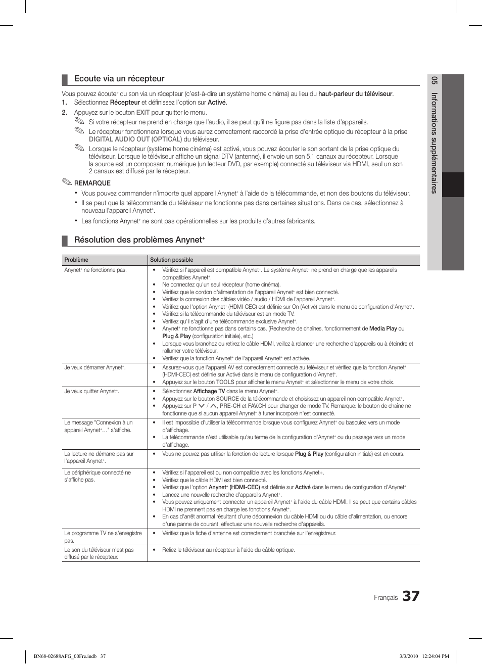 Ecoute via un récepteur, Résolution des problèmes anynet, 05 informations supplémentair es | Samsung LE37C550J1W User Manual | Page 133 / 194